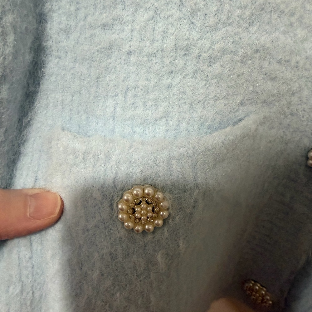 House of Harlow 1960 Blue Cropped Cardigan Short Sleeve Pearl Rhinestone Button - Picture 4 of 13